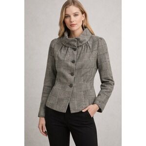 Atelier Tweed Plaid Blazer Womens 2 gray Jacket Collar Button Front Career Work